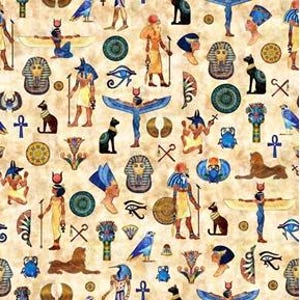 Pode incluir: Um padrão repetitivo com hieróglifos e figuras egípcias em tons de bege, azul, dourado e preto. O design inclui faraós, gatos, pássaros e símbolos como ankhs e o Olho de Hórus.
