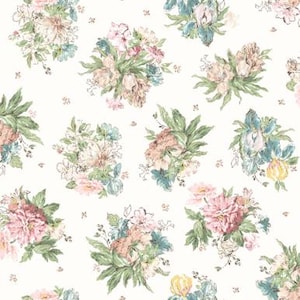 May include: A repeating pattern of watercolor floral bouquets in shades of pink, peach, blue, and green on a cream background. The flowers are surrounded by green leaves and small sprigs.