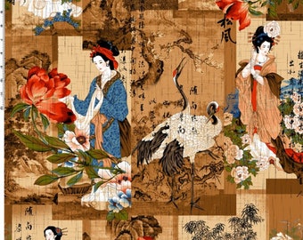 Fat Quarter Crane dynastie Geisha Tan coton quilting tissu Kona Bay