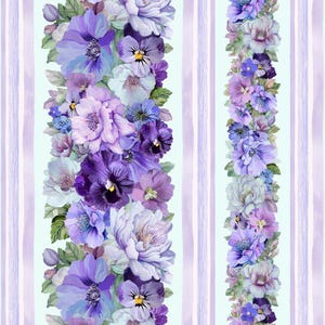 May include: A seamless pattern featuring two vertical rows of purple, blue, and white flowers on a light blue and white striped background.