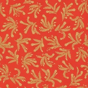 Könnte beinhalten: Ein nahtloses Muster mit goldfarbenen floralen Zweigen auf einem leuchtend roten Hintergrund.