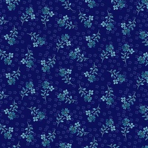 Pode incluir: Um padrão sem costura com pequenas flores azuis sobre um fundo azul escuro. As flores são dispostas em um padrão repetitivo, criando um design delicado e elegante.