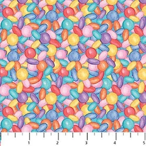May include: A seamless pattern of colorful candy in various shapes and sizes. The candy is on a light blue background. The candy is in shades of pink, yellow, orange, blue, purple, and green.