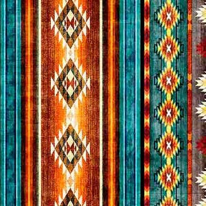 May include: A textile fabric featuring a repeating vertical pattern of geometric diamonds and stripes. The color palette includes shades of burnt orange, deep teal, yellow, and dark brown, creating a textured appearance with sharp, angular shapes.