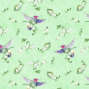 May include: A repeating pattern of hummingbirds and lily of the valley flowers on a light green background. The hummingbirds have pink, green, and purple feathers. The flowers are white with green leaves.