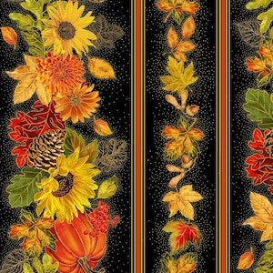 May include: A black background with vertical stripes of gold and orange. The stripes are decorated with fall-themed imagery, including sunflowers, pumpkins, leaves, and pinecones.