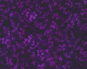May include: Dark purple fabric with a floral pattern. The design features clusters of small, round flowers and delicate leaves in varying shades of purple against a black background. The fabric has a textured appearance.