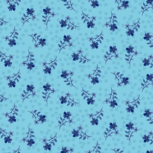 Pode incluir: Um padrão sem costura com flores azuis sobre um fundo azul claro. As flores são dispostas em um padrão repetitivo, criando um design delicado e feminino.