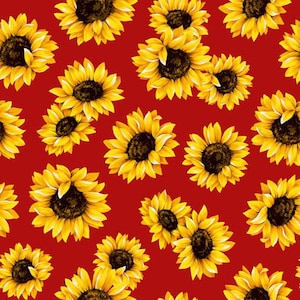 Sunflower Dance &quot;Sweet Florals&quot; van Marshall dry Goods Scarlet Red, verkocht per 1/2 yd.