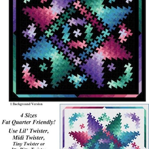 May include: A quilt pattern called "Twister Shimmer" with a colorful, geometric design. The pattern is available in four sizes and is fat quarter friendly. The pattern is available in four sizes: Lil', Midi, Tiny, and Itty Bitty. The pattern is from Quilt Moments and the pattern number is QM135.