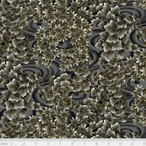 Peut inclure: Un tissu noir et or avec un motif répétitif de feuilles stylisées et de lignes tourbillonnantes. Le tissu a un léger brillant et une texture douce. Le texte "TSUR 5260 K" est imprimé en bas de l'image.