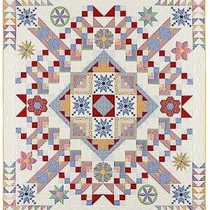 May include: A colorful quilt with a variety of geometric patterns, including stars, squares, and circles. The quilt is made in a patchwork style with different fabrics in shades of blue, red, yellow, and green.