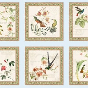May include: A light blue background with six framed images of hummingbirds and flowers. Each frame has a gold border with a green floral pattern. The hummingbirds are depicted in various poses, with some flying and others perched on flowers. The flowers are a variety of colors, including pink, red, and yellow.