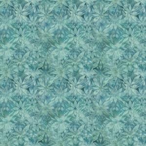 May include: A seamless pattern featuring a repeating floral design in shades of teal and blue. The pattern has a textured, watercolor-like appearance, with overlapping leaves and petals creating a layered effect. The overall aesthetic is reminiscent of batik fabric.