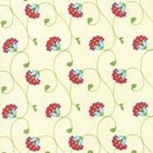 May include: A repeating pattern of red flowers with green stems and leaves on a cream background.