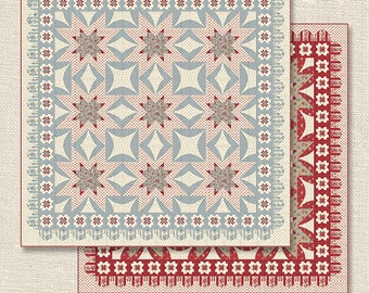 Op de afbeelding: Een quiltpatroon genaamd "Esprit De Corps" met gebruik van de "Jardin De Fleurs" collectie van French General. Het patroon heeft een rood, wit en blauw sterrendesign met een afmeting van 96 inch bij 96 inch.