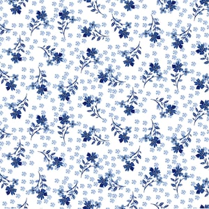 Pode incluir: Um padrão sem costura com ramos florais azuis sobre um fundo branco. O padrão é composto por pequenas flores azuis e flores azuis maiores com folhas.