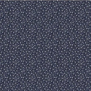 Könnte beinhalten: Ein nahtloses Muster mit kleinen weißen Blüten und Ranken auf dunkelblauem Hintergrund.