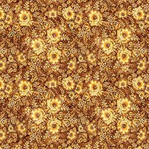 Op de afbeelding: Een stof met een herhalend bloemenpatroon met goudgele bloemen en ingewikkeld gebladerte tegen een diepbruine achtergrond. Het ontwerp bestaat uit dichte trossen bloesems en bladeren, wat een continu, gestructureerd visueel effect creëert.