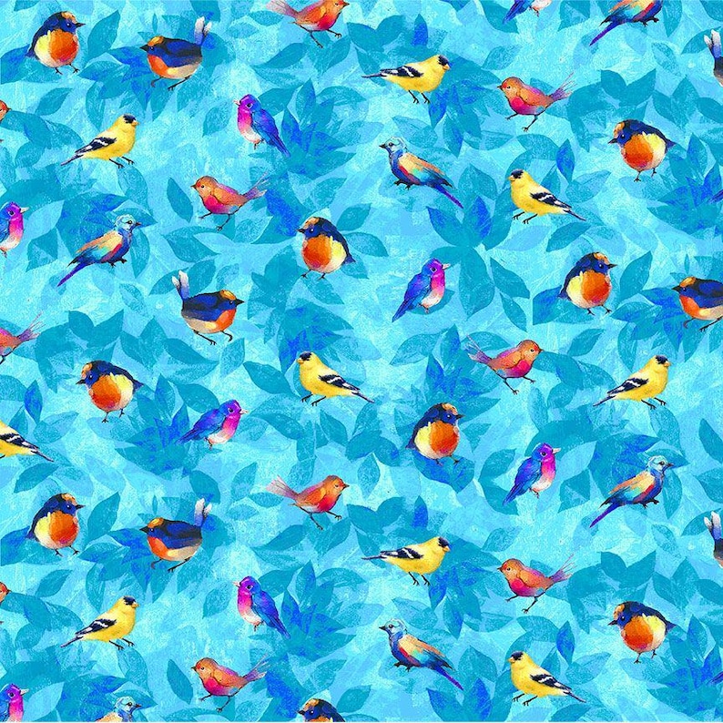May include: A repeating pattern of colorful birds on a light blue background with darker blue leaf shapes. The birds are various colors, including yellow, orange, blue, and pink. The design is suitable for fabric or wallpaper.