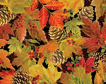 Harvest Festival by Greta Lynn for Benartex 14037M-12 Harvest Leaves Black sold by the 1/2 yd.