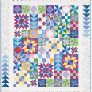 May include: A colorful patchwork quilt with a white border and a blue trim. The quilt features a variety of geometric shapes and star patterns in shades of blue, purple, pink, yellow, and green. The quilt's design is symmetrical and visually appealing.
