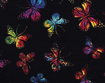 May include: A black background with a repeating pattern of colorful butterflies. The butterflies are in various shades of red, orange, yellow, green, blue, and purple.