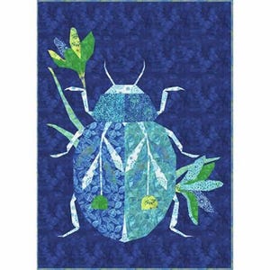 May include: A blue and green geometric bug with white accents on a dark blue background. The bug is surrounded by green leaves.