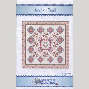 May include: A quilt pattern named "Galaxy Swirl" displays a central starburst design in pink, red, and grey, encircled by repeating star blocks. The pattern is set against a white backdrop with a decorative border and the text "Bound to be Quilting".