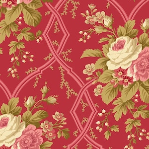 Agatha&#39;s Garden Trellis Bouquet by Kathy Hall for Andover 9316-Red sold by the 1/2 yd.