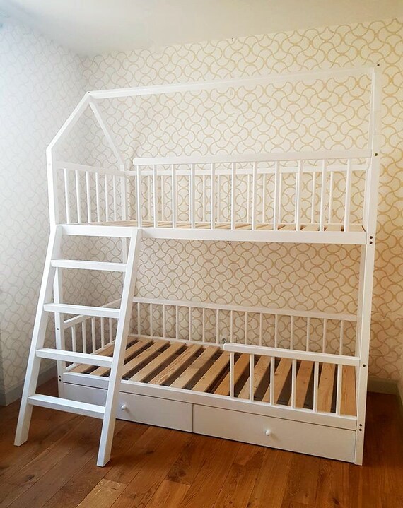 Bunk Double Bed With Storage Drawers Montessori Children Loft Etsy