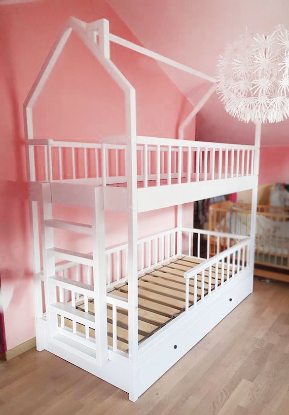 Bunk Double Bed With Storage Drawers Montessori Children Loft Etsy