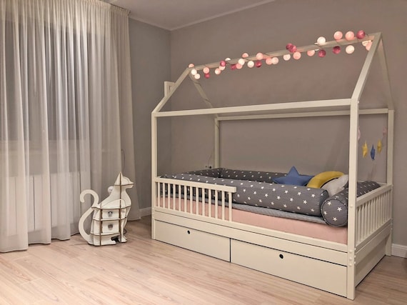 Special Design House Bed With 4 Removable Railings And Storage Drawers Montessori Children Bed House Wooden Frame