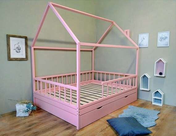 Little Village House Bed With 4 Removable Railings And Storage Etsy