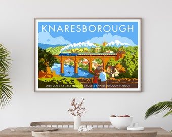 Knaresborough Train Railway Landscape Giclee Art Print of drawing by RussellArt