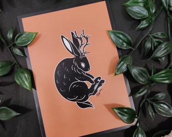 Jackalope Rabbit Antler Mythology Linocut Print Style Postcard Print