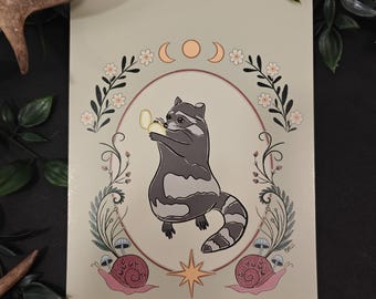 Gottagecore Botanical Raccoon Snail Romantic Linocut Print Style A5 Print