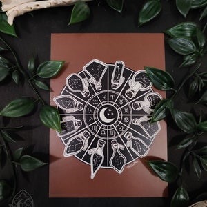 Impression carte postale style linogravure astrologie roue du zodiaque