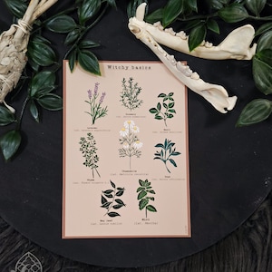 Impression de carte postale de style linogravure d'herbes sorcières
