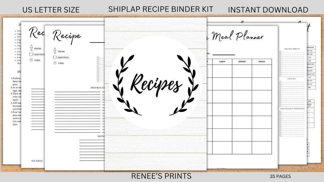 Shiplap Recipe Binder Kit, Printable Recipe Binder Kit, Editable Recipe