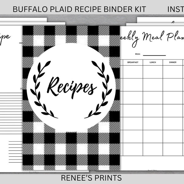 Buffalo Plaid Recipe Binder Kit, Printable Recipe Binder, Editable Recipe Pages, Farmhouse Printable, Mother’s Day Gift, Gift for her