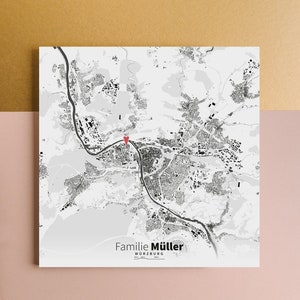 regalo in movimento | Per trasloco, inaugurazione, casa, appartamento | Foto di famiglia personalizzata, mappa della città con luogo di residenza e indicatore di posizione | mappe virtuali