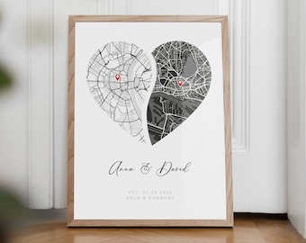 Anniversary gift, city map poster with 2 places, personalized poster, small gift, long distance relationship, partner, boyfriend, girlfriend