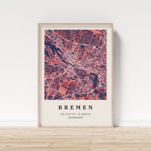 Bremen | Poster Stadtplan | Moderne Stadtkarte mit Mosaik-Muster | Poster mit Koordinaten für Zuhause | Wandbild | Wandschmuck | Landhaus