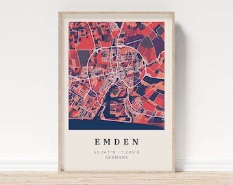 Emden | Poster City Map | Modern city map with mosaic pattern | Poster with coordinates for home | Mural | wall decoration | country house