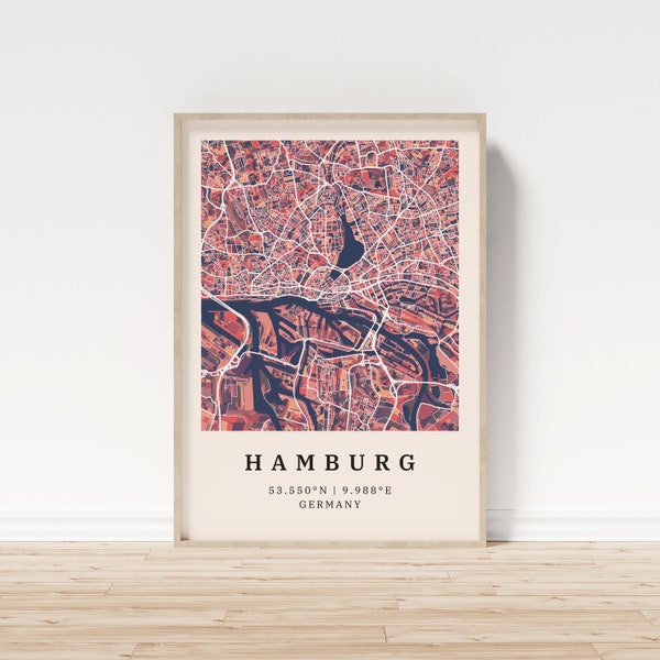 Hamburg | Poster Stadtplan | Moderne Stadtkarte mit Mosaik-Muster | Poster mit Koordinaten für Zuhause | Wandbild | Wandschmuck | Landhaus