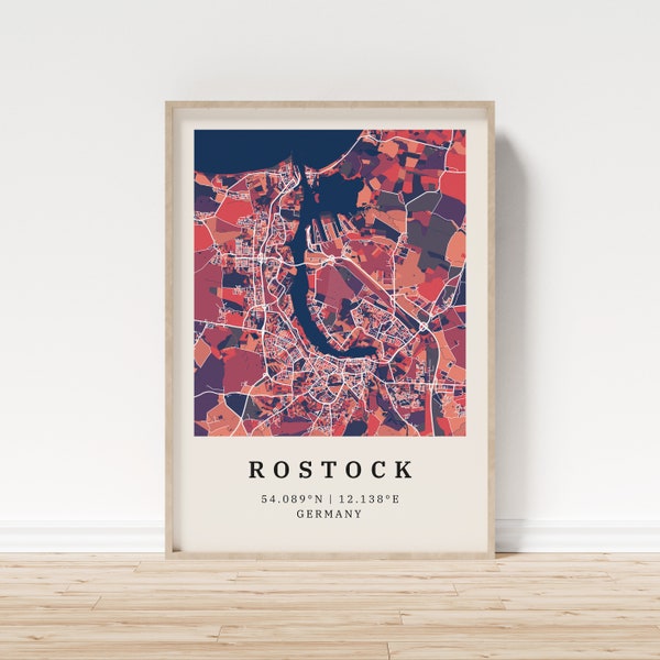 Rostock | Poster Stadtplan | Moderne Stadtkarte mit Mosaik-Muster | Poster mit Koordinaten für Zuhause | Wandbild | Wandschmuck | Landhaus