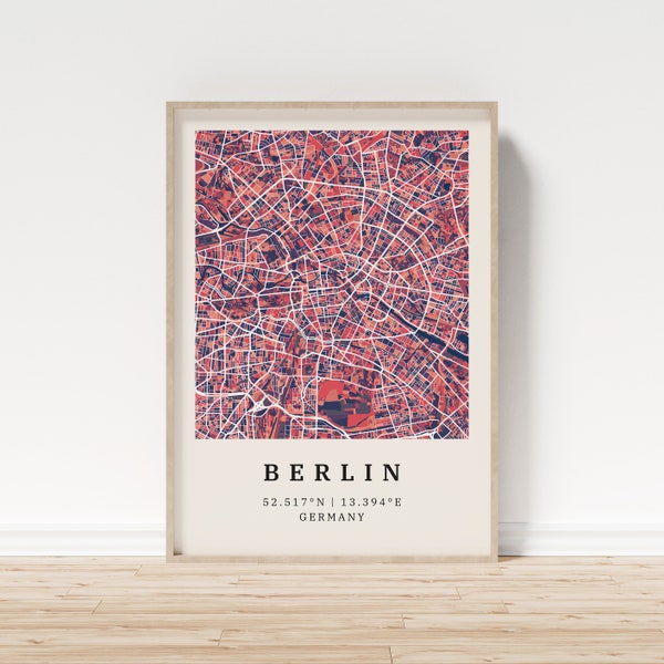 Berlin | Poster Stadtplan | Moderne Stadtkarte mit Mosaik-Muster | Poster mit Koordinaten für Zuhause | Wandbild | Wandschmuck | Landhaus