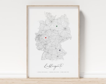 Personalized poster Germany - world map family picture names coordinates picture hearts moving housewarming gift excerpt children parents