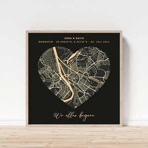 Geschenk zum Jahrestag, Hochzeit, Verlobung | Stadtplan in Gold | Personalisiertes Bild für Freund & Freundin | Druck auf Alu-Dibond | vmaps